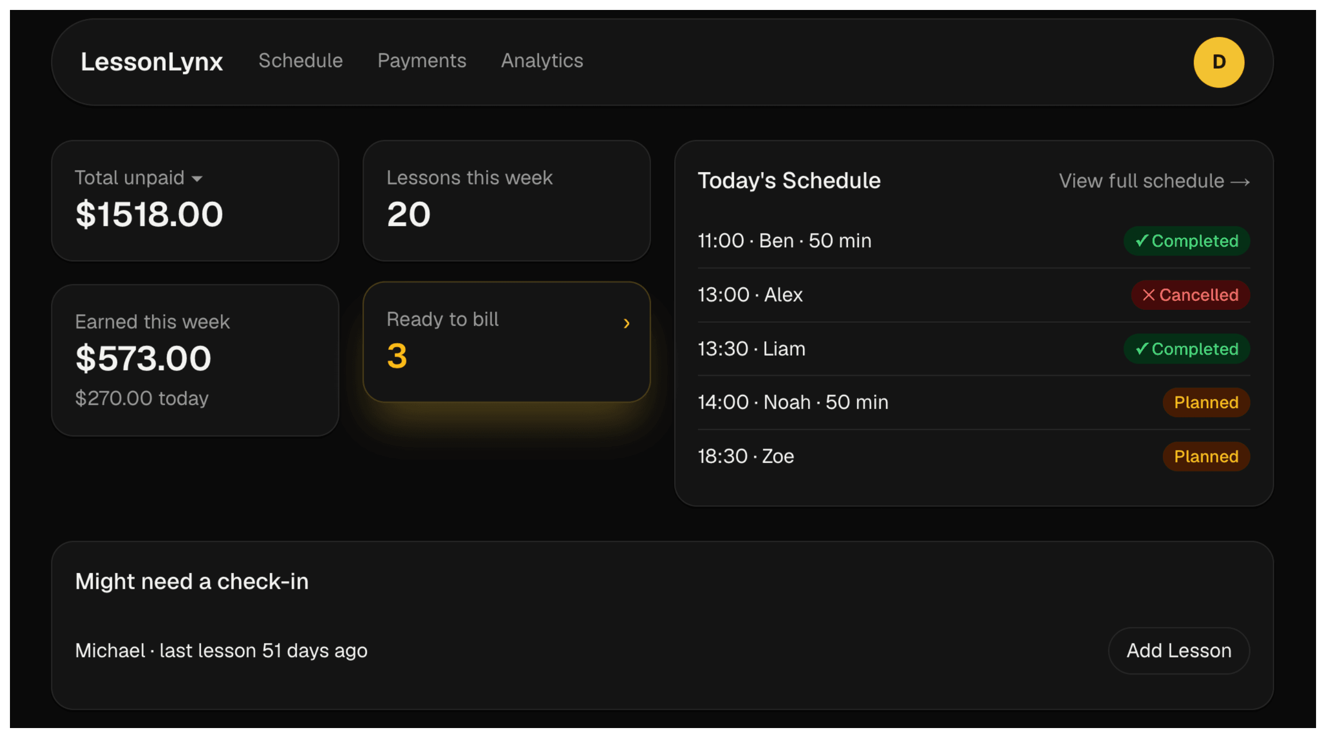 LessonLynx dashboard showing total unpaid, lessons this week, earnings, and today's schedule at a glance
