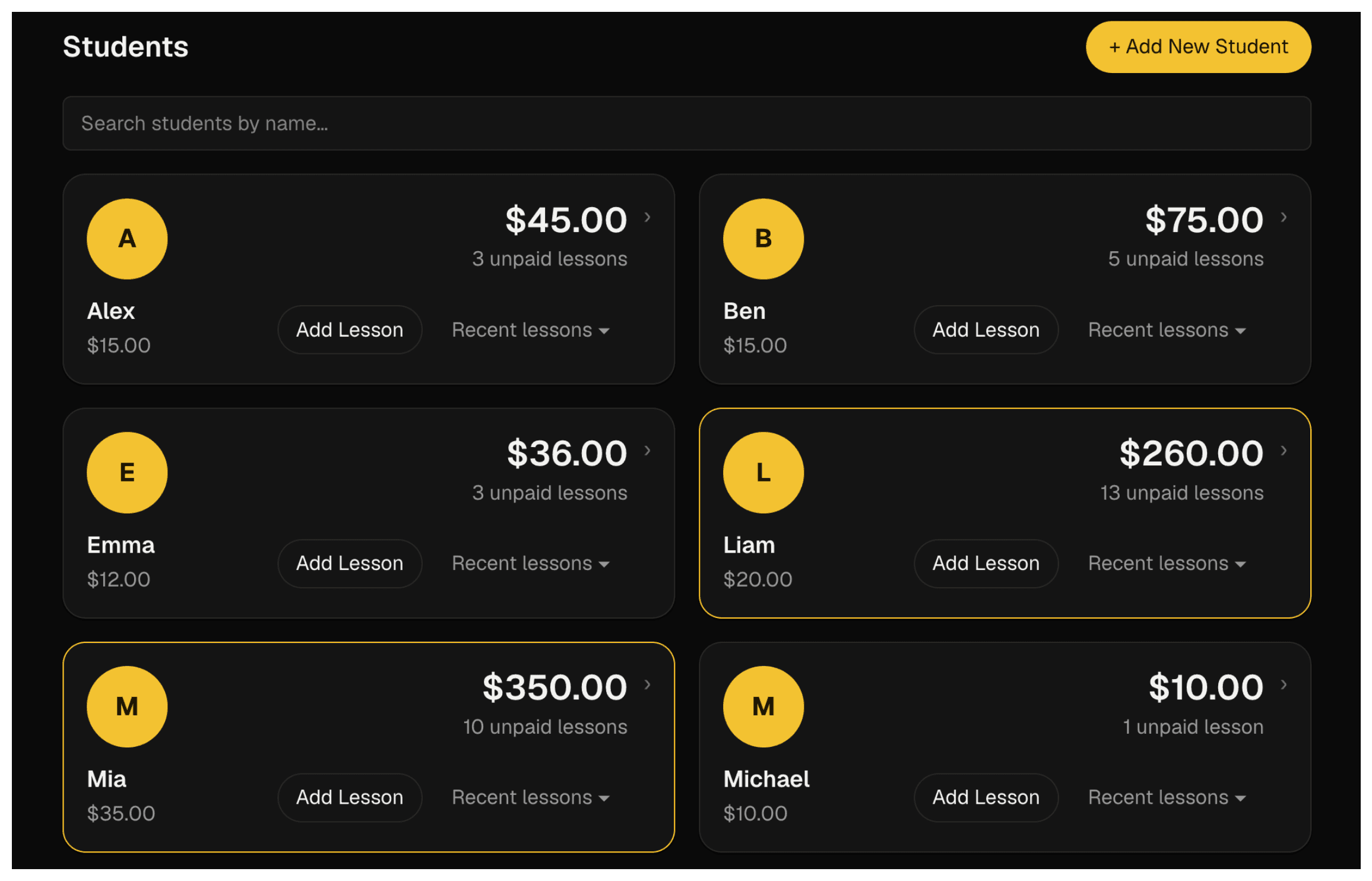 LessonLynx student list showing unpaid balances and lesson counts per student