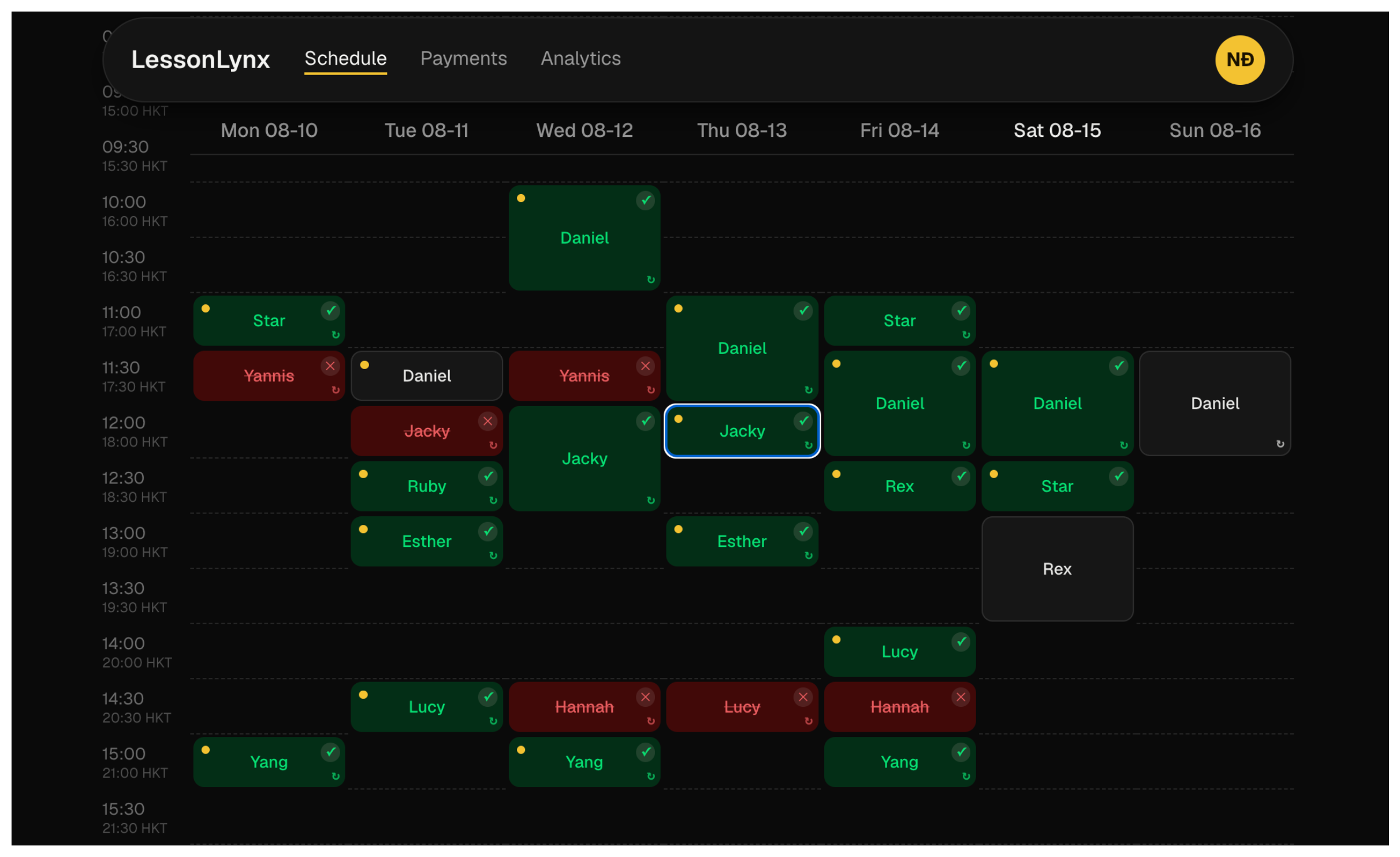 LessonLynx weekly schedule
