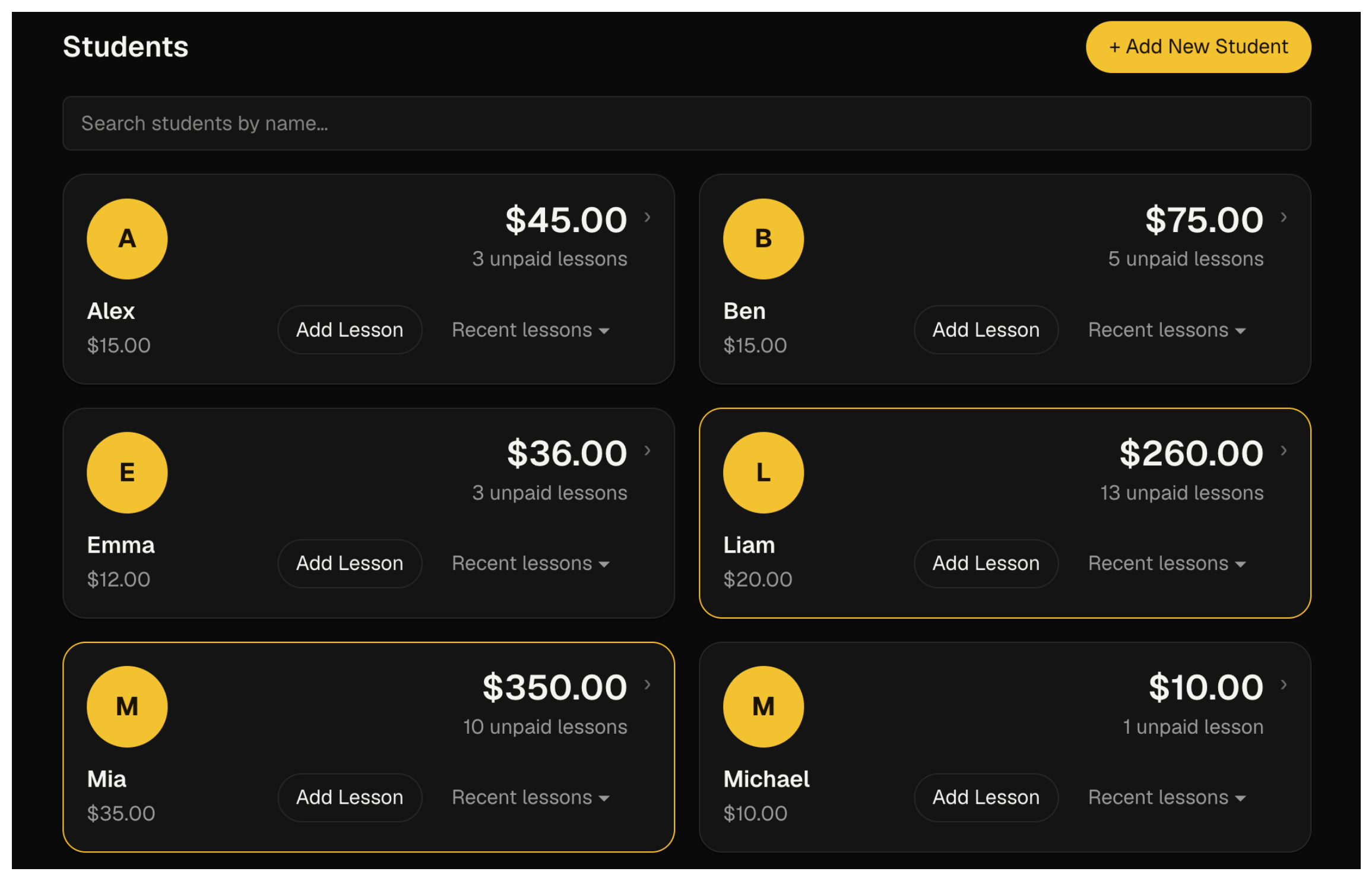 LessonLynx student list and unpaid balances
